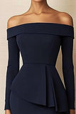 Navy Satin Off the Shoulder Bodycon Short Work Dress