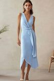 Sky Blue V-Neck Satin Asymmetrical Work Dress
