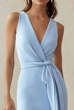 Sky Blue V-Neck Satin Asymmetrical Work Dress