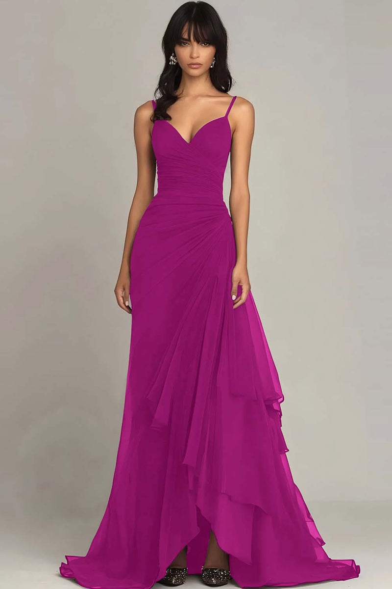 Load image into Gallery viewer, Dark Brown Spaghetti Straps A Line Ruffled Formal Dress