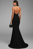 Mermaid Black Halter Satin Long Formal Dress with Slit