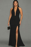 Black Mermaid Halter Satin Long Plus Size Formal Dress with Slit
