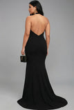 Black Mermaid Halter Satin Long Plus Size Formal Dress with Slit