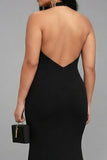 Black Mermaid Halter Satin Long Plus Size Formal Dress with Slit