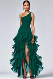 One Shoulder Ruffled A Line Black Formal Dress with Slit