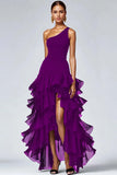 One Shoulder Ruffled A Line Black Formal Dress with Slit