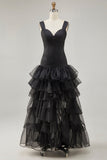 Black Organza A-Line High-Low Formal Dress with Ruffle Slit