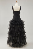 Black Organza A-Line High-Low Formal Dress with Ruffle Slit