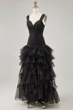 Black Organza A-Line High-Low Formal Dress with Ruffle Slit