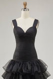 Black Organza A-Line High-Low Formal Dress with Ruffle Slit