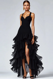 Black Organza A-Line High-Low Formal Dress with Ruffle Slit