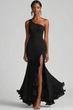 Black Chiffon One Shoulder Mermaid Formal Dress with Slit