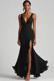 Black V Neck Ruffled Mermaid Formal Dress with Slit