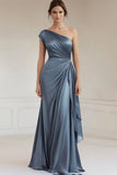 One Shoulder Grey Blue Ruched Formal Dress