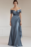 Off The Shoulder A Line Long Grey Blue Formal Dress