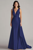 Champagne V Neck Sheath Long Formal Dress with Side Streamer