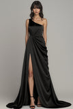 One Shoulder Black Formal Dress With Slit