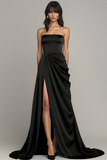 Black Strapless A Line Ruched Long Formal Dress with Slit