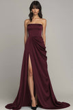 Black Strapless A Line Ruched Long Formal Dress with Slit