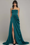 Black Strapless A Line Ruched Long Formal Dress with Slit