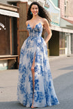 White Blue Flower Corset A Line Prom Dress With Slit