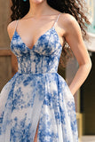 White Blue Flower Corset A Line Prom Dress With Slit