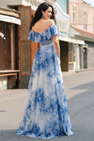 Off The Shoulder White Blue Flower Prom Dress With Slit