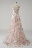 Pink A Line Spaghetti Straps Floral Prom Dress With Sequins