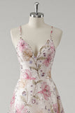 Pink A Line Spaghetti Straps Floral Prom Dress With Sequins