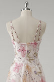 Pink A Line Spaghetti Straps Floral Prom Dress With Sequins