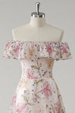 Off The Shoulder Pink Long Floral Prom Dress With Sequins