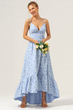 Blue A Line Floral Spaghetti Straps Long Bridesmaid Dress