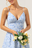 Blue A Line Floral Spaghetti Straps Long Bridesmaid Dress