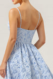 Blue A Line Floral Spaghetti Straps Long Bridesmaid Dress