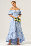 Off The Shoulder Blue Bridesmaid Dress with Ruffled Sleeves