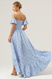 Off The Shoulder Blue Bridesmaid Dress with Ruffled Sleeves