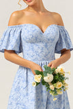 Off The Shoulder Blue Bridesmaid Dress with Ruffled Sleeves