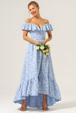 Blue Floral Off The Shoulder A Line Bridesmaid Dress
