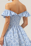 Blue Floral Off The Shoulder A Line Bridesmaid Dress