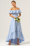 Off The Shoulder Ruffled High Low Blue Bridesmaid Dress