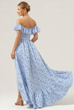Off The Shoulder Ruffled High Low Blue Bridesmaid Dress