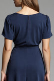 Navy Simple A Line Short Sleeves Midi Work Dress