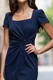 Satin Navy Bodycon Ruched Midi Work Dress with Slit