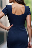 Satin Navy Bodycon Ruched Midi Work Dress with Slit