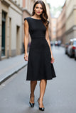 Black Satin A Line Boat Neck Midi Work Dress