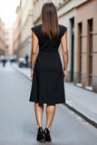 Black Satin A Line Boat Neck Midi Work Dress