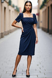 Navy Midi Ruched Square Neck Satin Work Dress