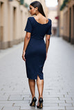 Navy Midi Ruched Square Neck Satin Work Dress