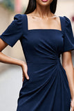 Navy Midi Ruched Square Neck Satin Work Dress