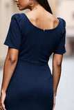 Navy Midi Ruched Square Neck Satin Work Dress
